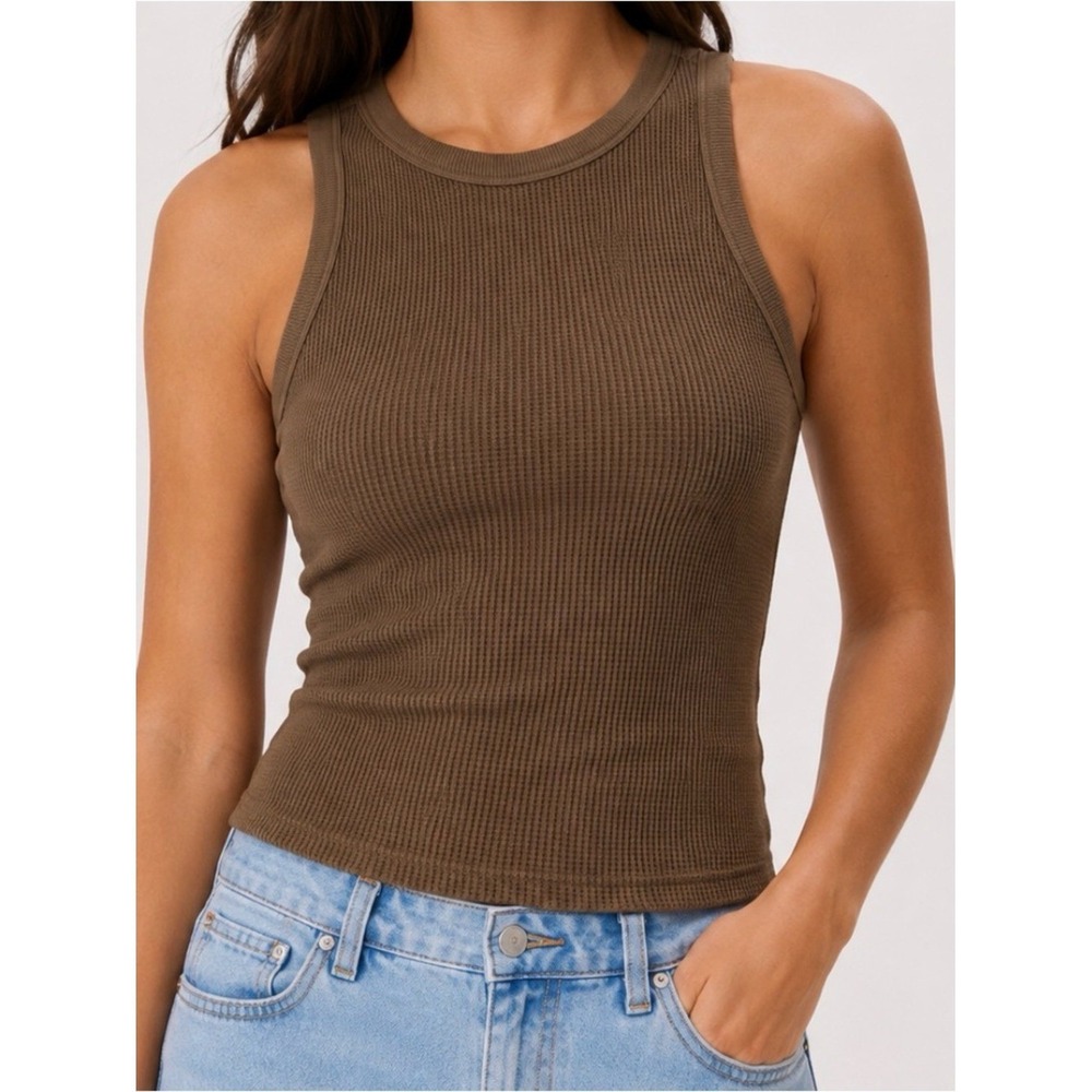 Good American Waffle Knit Tank Top Brown Size 4 Thermal Sleeveless Crew Neck